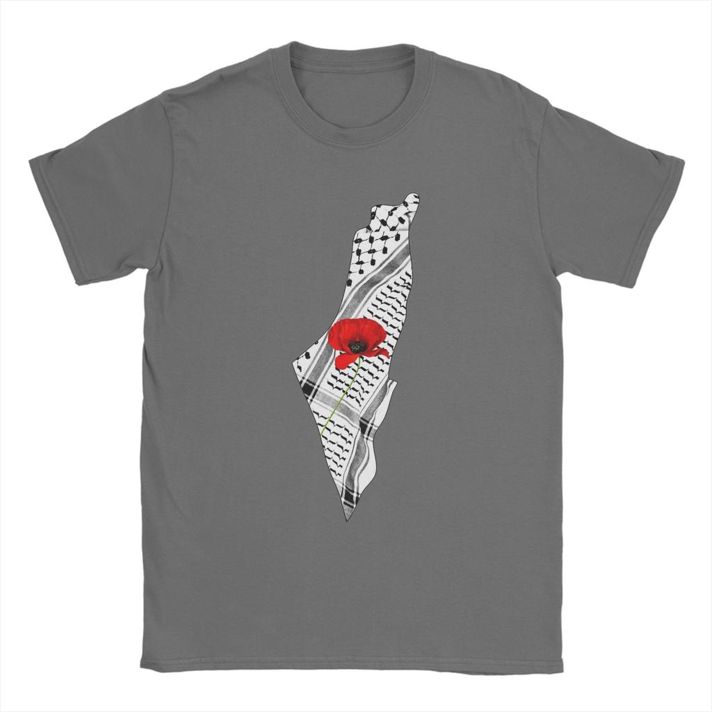 Men's T-Shirts Palestine Map Keffiyeh and Poppy Awesome Cotton Tees Short Sleeve T Shirts O Neck Clothing New Arrival