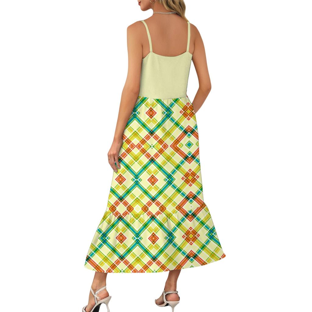 Women's Long Beach Casual Elegant Spaghetti Strap Maxi Dress Plaid Print Low-key Flowing Bohemian Dress