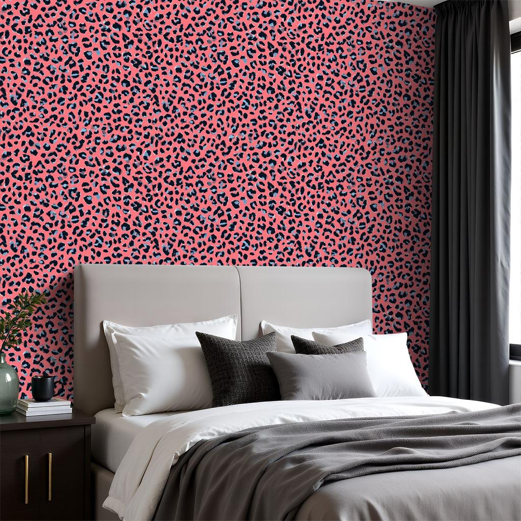 Pink Black Leopard Blue Wallpaper 22.83"X118" Waterproof Wallpaper for Living Room/Bedroom/Bathroom PVC Wall Sticker