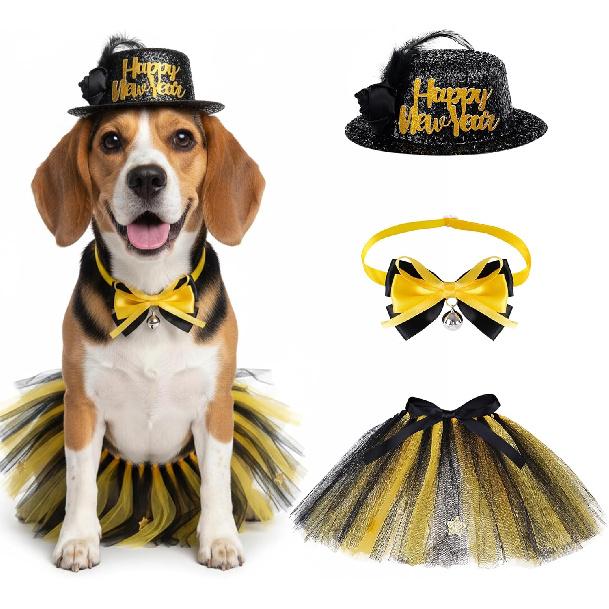 3 Pcs New Year Dog Costume Set Including New Year Dog Hat Tutu Dress Cute Pet Bowtie for Medium Dog Holiday Outfit Accessories