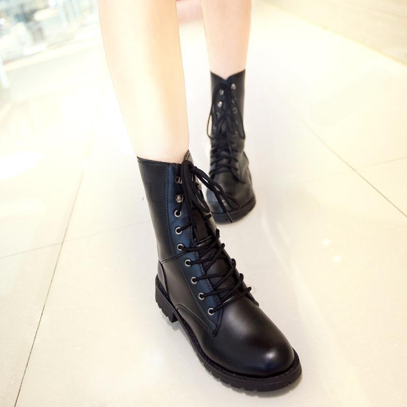 Leather Women Boot Fashion Classic Lace Up Ankle Boots Low Square Heels Round Toe Autumn Winter Casual Women Shoes