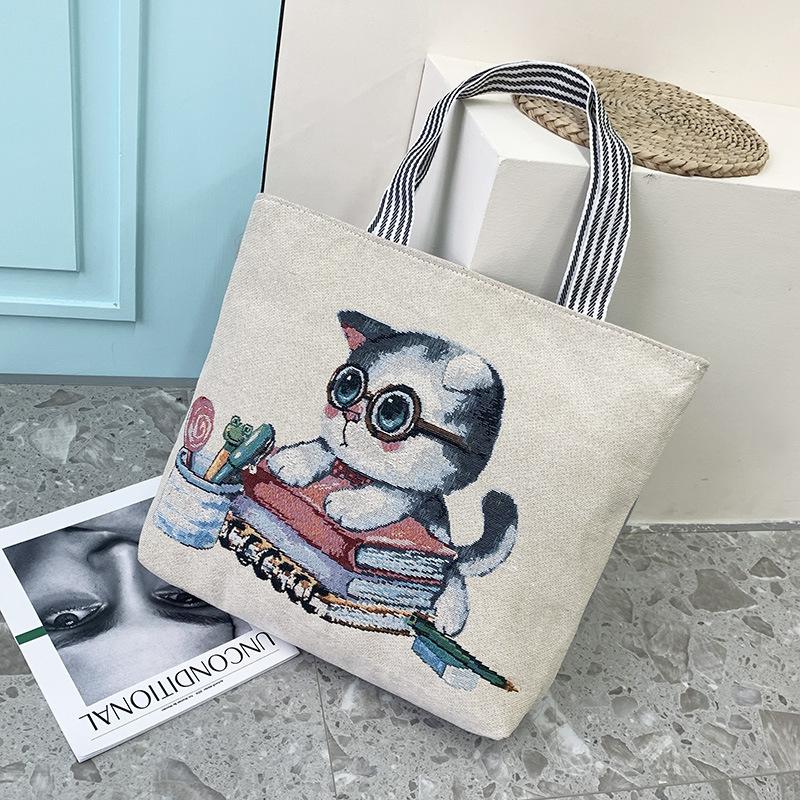 Portable Jacquard Bag Kitten Large Embroidered Canvas Bag Shopping Fashion Shoulder Women's Bag Tote Bag
