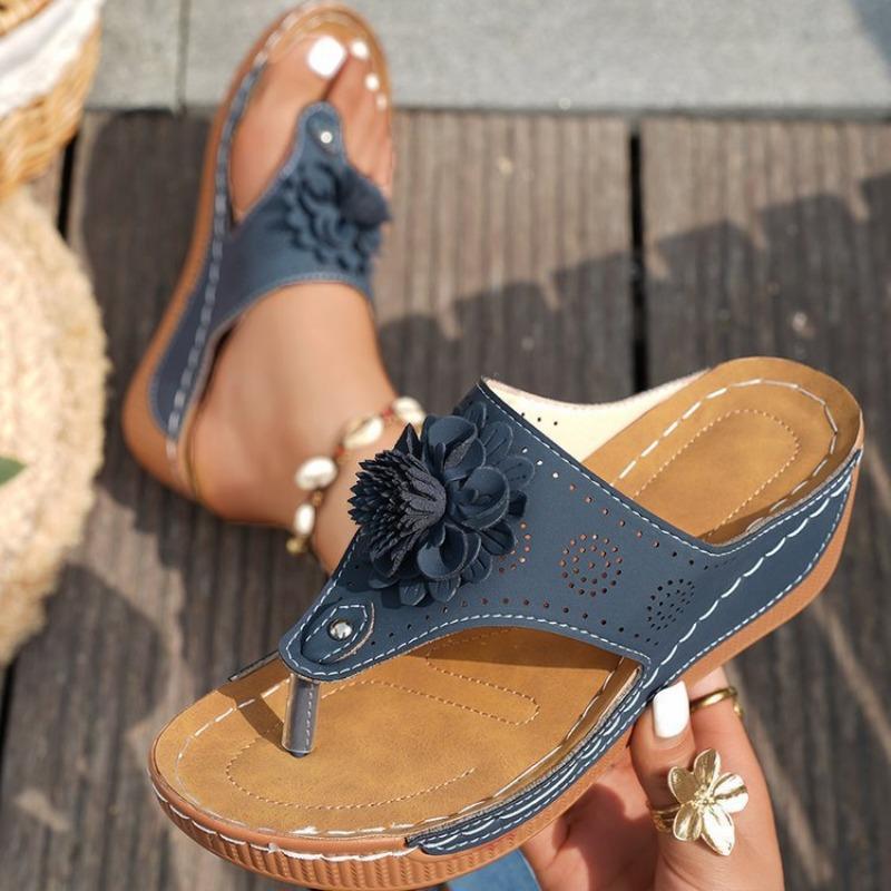 New European large size flower wedge slippers female beauty solid color retro flip-flops female