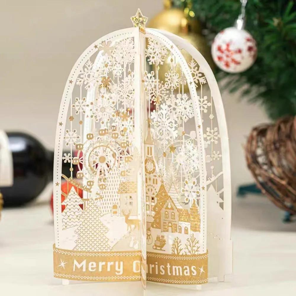 Paper Christmas 3D Greeting Card with Envelope Craft Merry Christmas Blessing Cards Gold Plated Pop Up Paper Carving Postcard