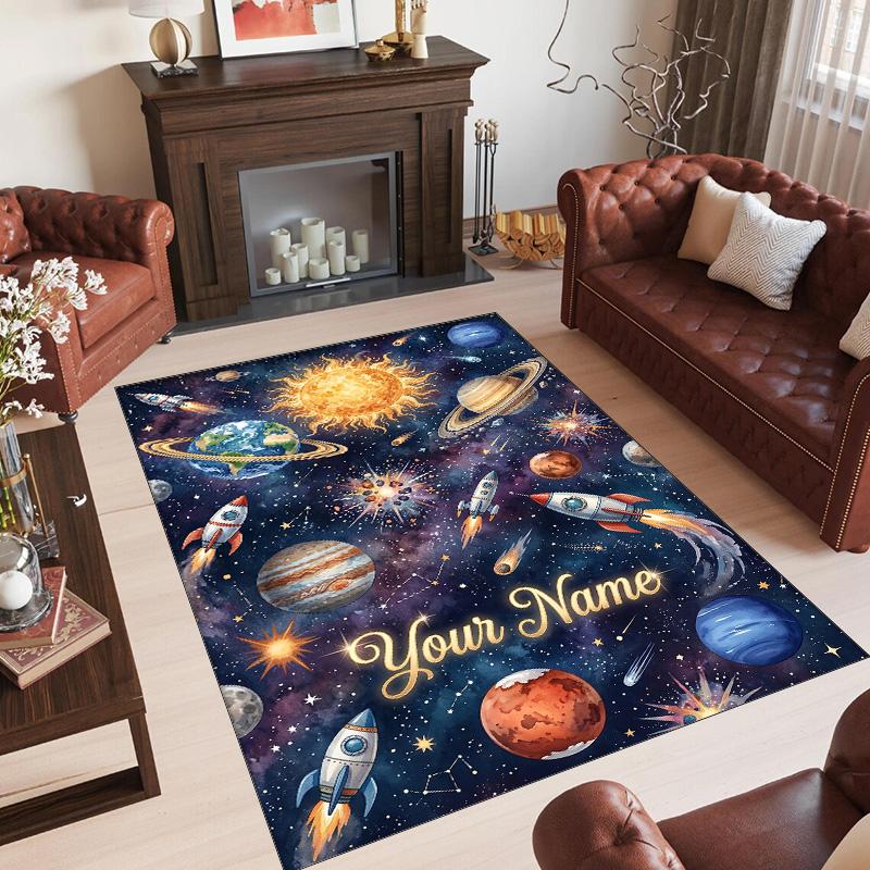 Cosmic Theme Crystal Velvet Floor Rug Personalized Custom Name Text Warm Carpet Home Decoration