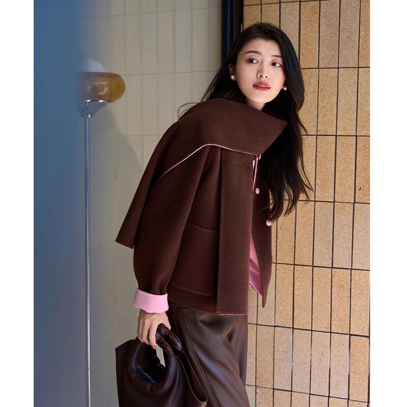 Iveni AEOE752 Scarf Collar Double-Faced Wool Short Coat