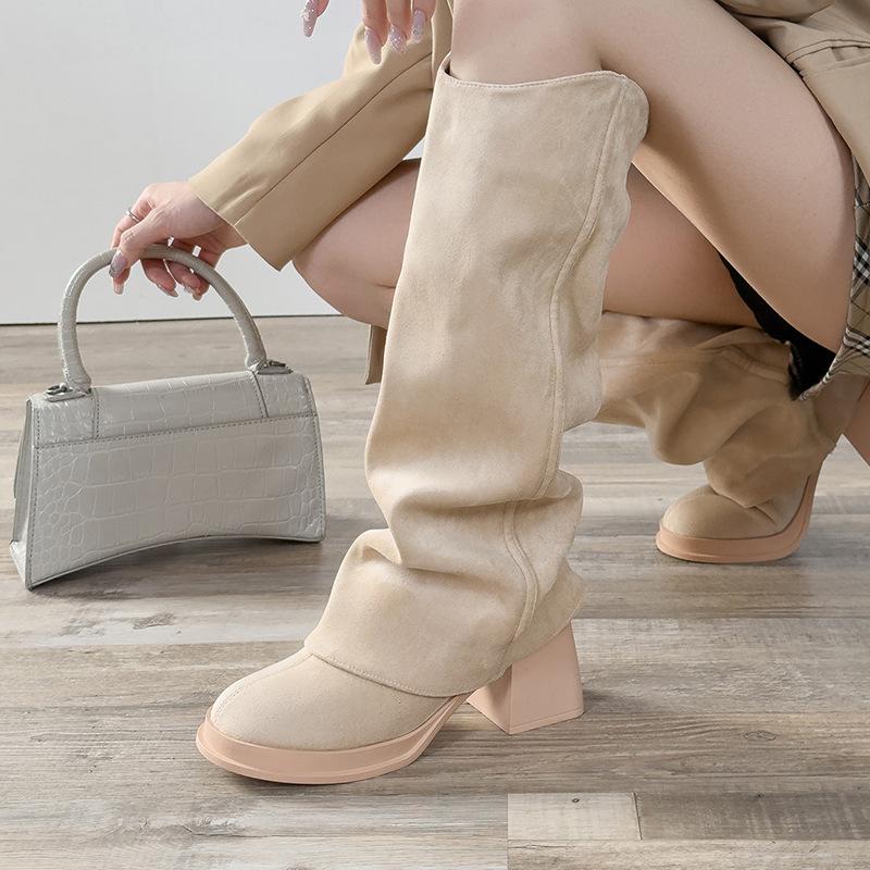 X702-F9 Autumn and Winter New 2025 Retro Suede Stacking Boots Coarse Heel High Heel Maillard Show Boots Women