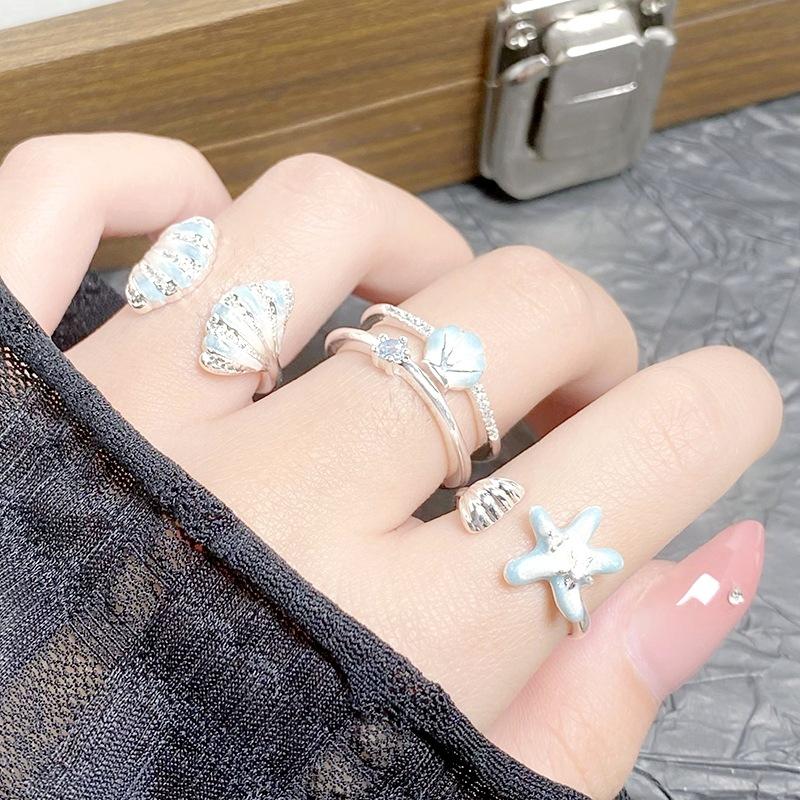 [Beihaixing Language] Blue Ocean Enamel Oil Dripping Shell Starfish Opening Ring Niche Zircon Stacked Ring