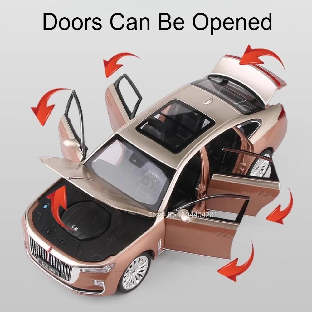 1:24 HONGQI H9 L5 Alloy Model Diecast Car Toy Sound Light Pull Back Door Opened Front Wheel Steering Vehice Collectible Ornament