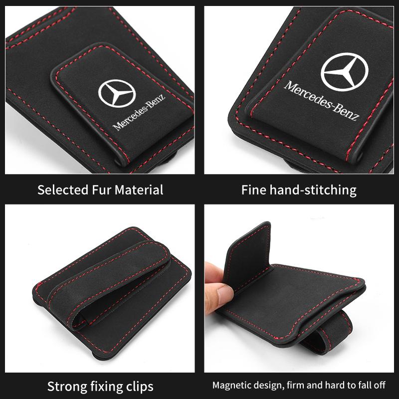 AABHA1 Suede Car Logo Sun Visor Glasses Clip Ticket Card Storage Clamp For Mercedes Benz CLK GLC W212 C200 C300 W203 W204 W205 W169