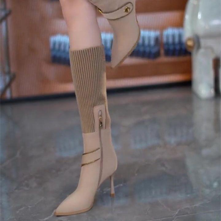 Elastic sleeve thin heel thin boots women's single boots 2025 autumn and winter zipper metal buckle with pointed high heel knight women's boots