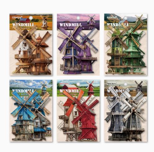 

6packs/1lot kawaii Stationery Sticker Retro windmill junk journal Decorative Scrapbooking DIY Craft Sticker