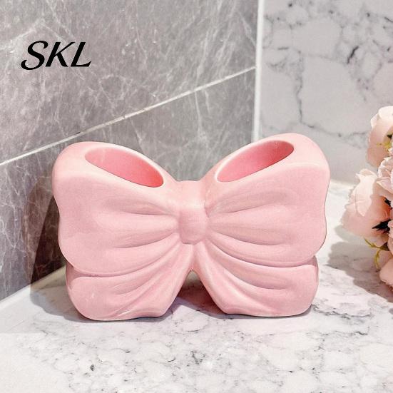 Double Hole Bathroom Holder 3D Printed Bow Toothbrush Holder, Adhesive Cup with Dual Holes for Counter Organizer & Toothpaste, Cute Decor, Minimalist