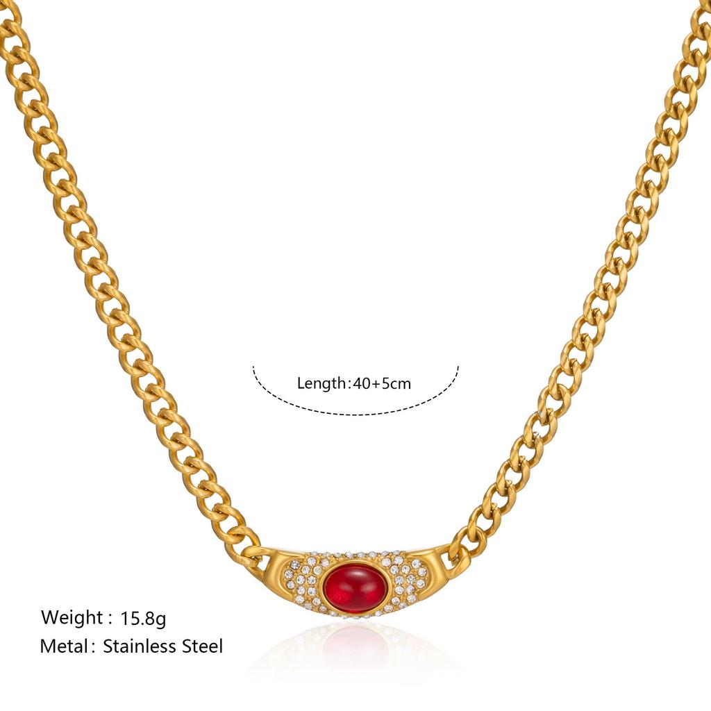 High-end Charm Stainless Steel Cat's Eye Stone Necklace Vintage Style Ancient Geometric Link Chain Choker