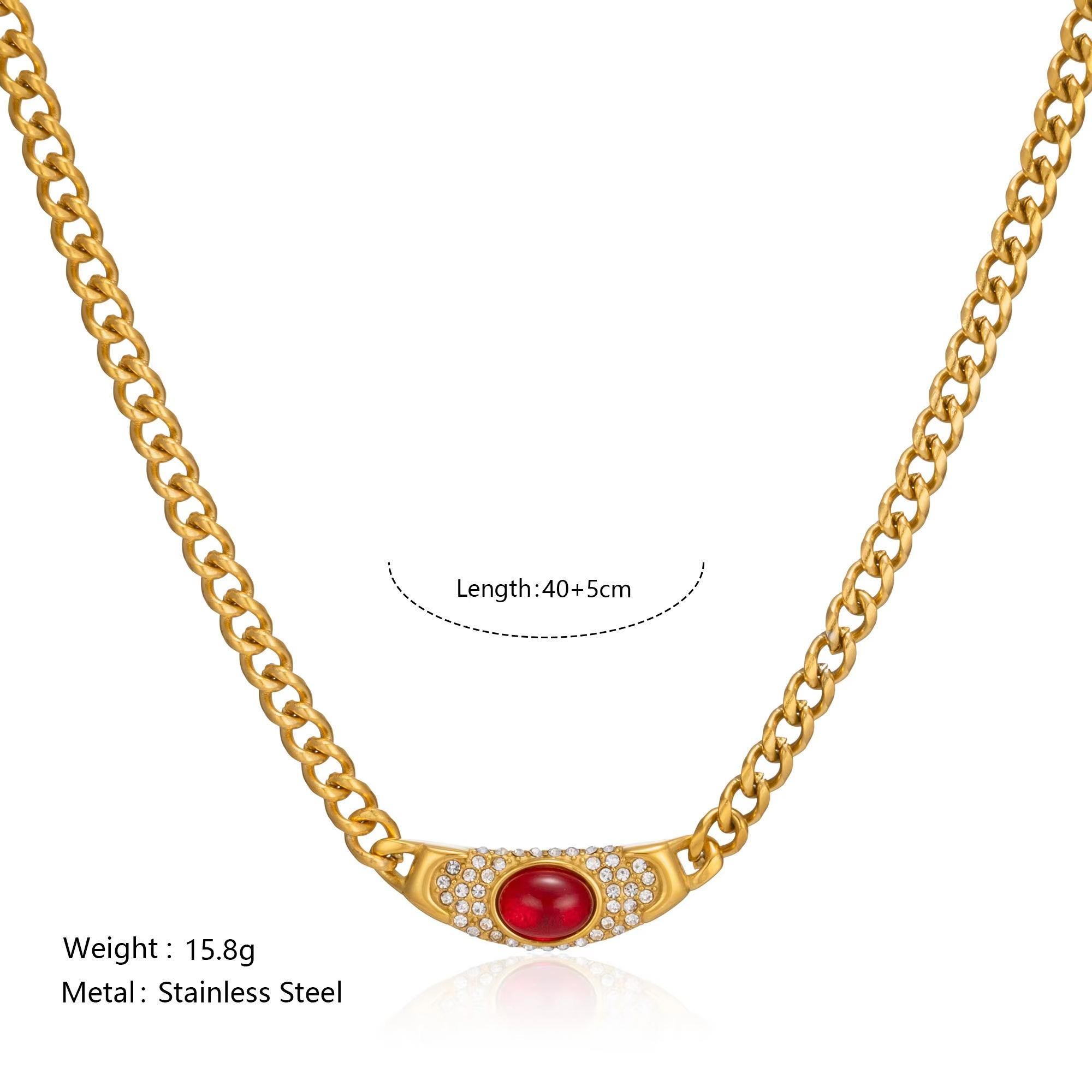 

High-end Charm Stainless Steel Cat s Eye Stone Necklace Vintage Style Ancient Geometric Link Chain Choker червоний