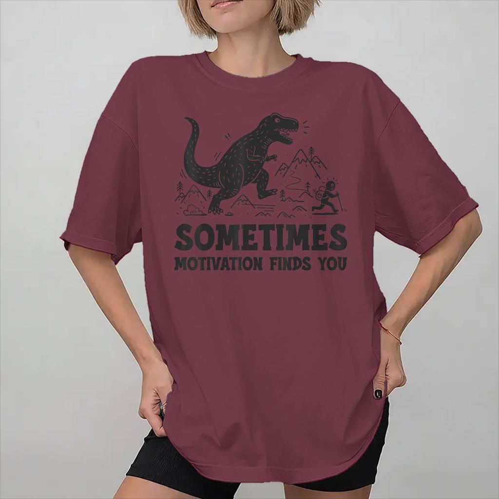 Graphic Printing Sometimes Motivation Finds You Funny Running Dinosaur T Shirt For Unisex Pure Cotton Tee Shirt