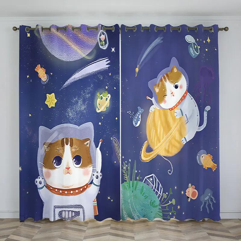 Cartoon Astronaut Cat Curtains Children's Room High Shading Curtain Boy Girl Shading Curtain Bedroom Blackout Kindergarten Drape