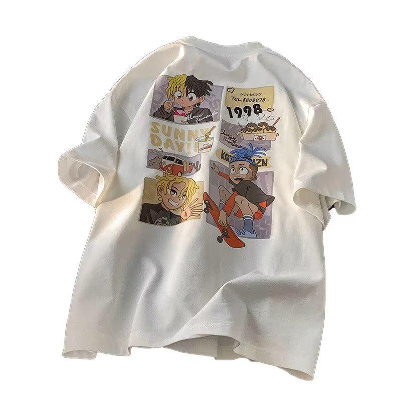 Cartoon Print Oversized Heavyweight Cotton T-Shirt - Summer Loose Fit Short Sleeve