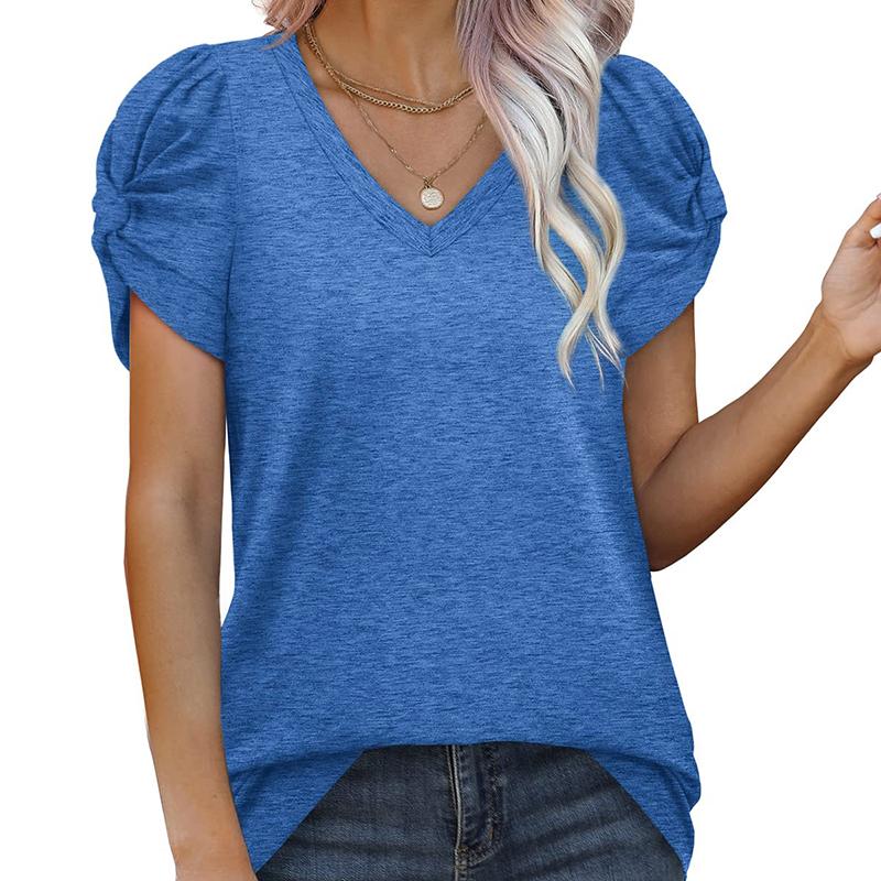 Ladies Summer Knot Short Sleeve V Neck Solid Color Pullover T Shirt Top