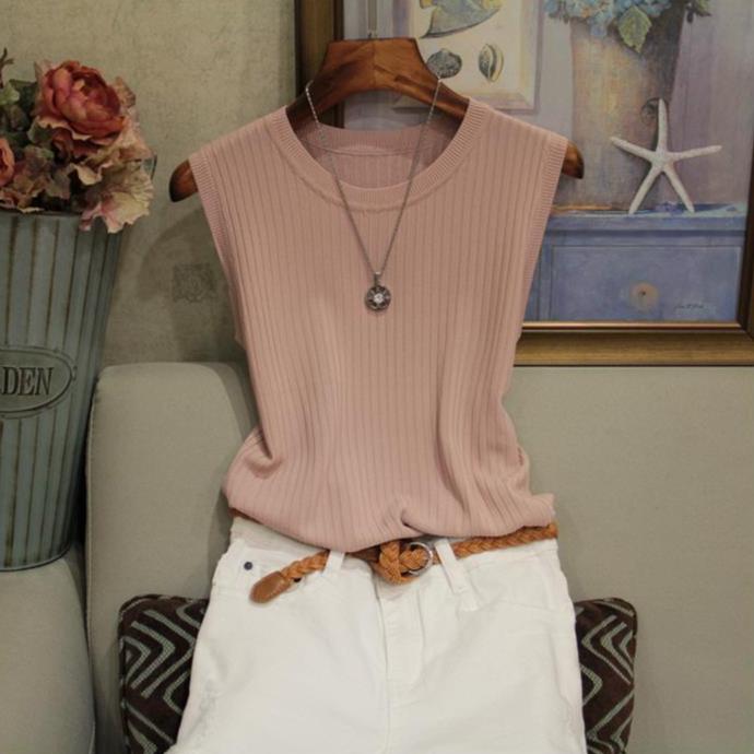 Camiseta interior de verano con cuello redondo para mujer, tirantes anchos, interior fino, sin mangas, de punto, de color liso, exterior, chaleco de poliéster