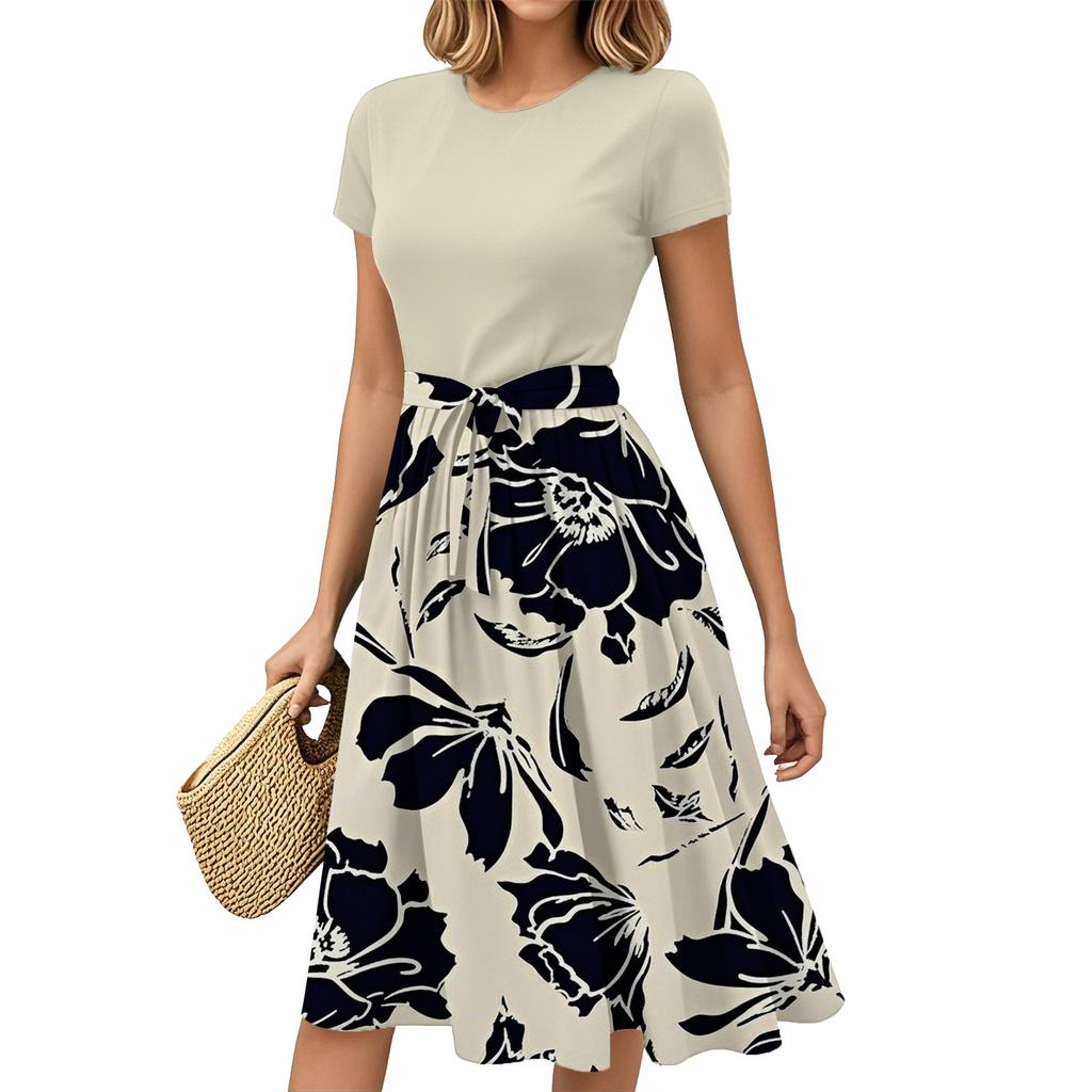 Dámská móda Ležérní pásek Krátký rukáv Kulatý výstřih Geometrický potisk Prošívaný Elegantní temperament Šaty