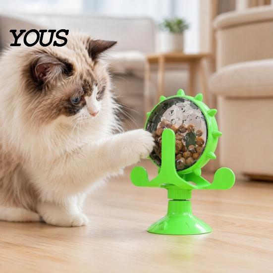 Rotating Cat Food Dispenser Windmill Treat Dispenser, Interactive Toy, Suction Fun Feeder Cup Puzzle for Indoor Cats Solo Play, Mental