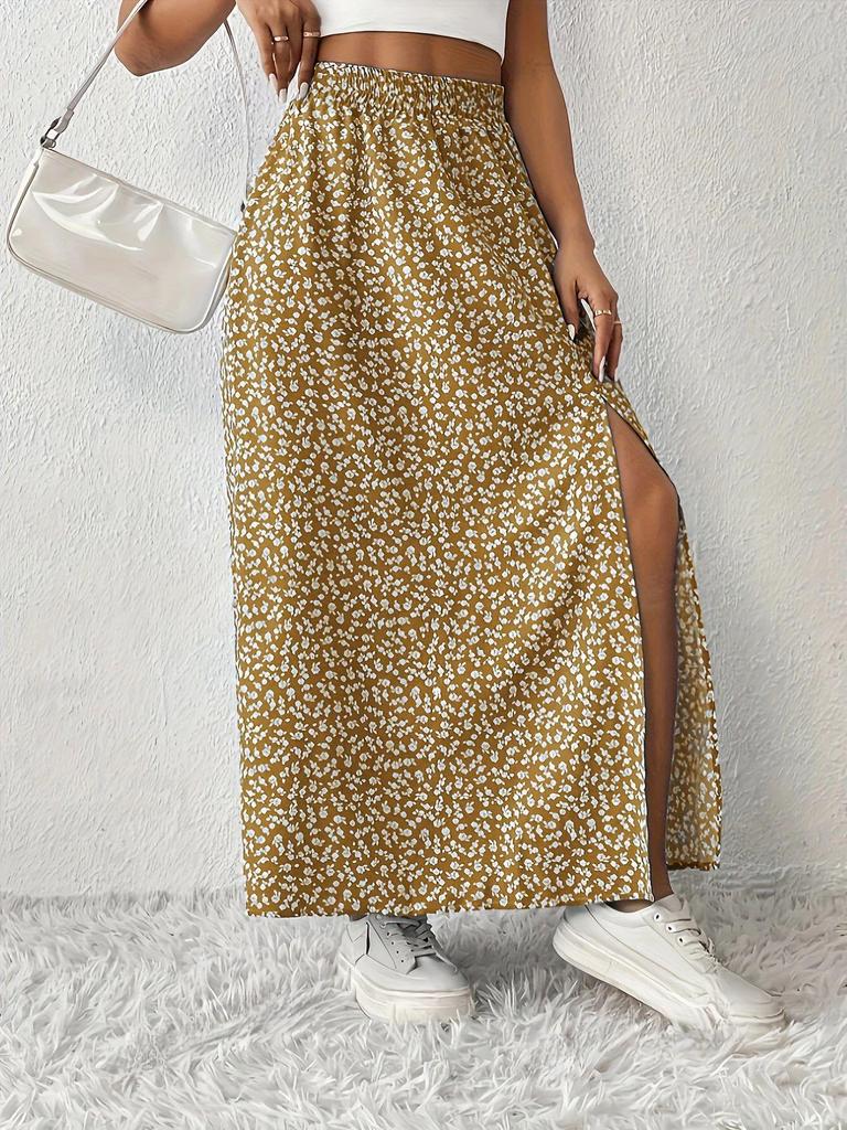 European & American Holiday Floral Print Midi Skirt with Slit