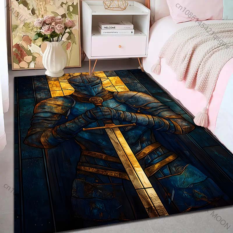 1PC Blue Armored Knight with Sword Print Carpet Rug for Living Room Bedroom Sofa Doormat Home Decor Non-slip Floor Mat