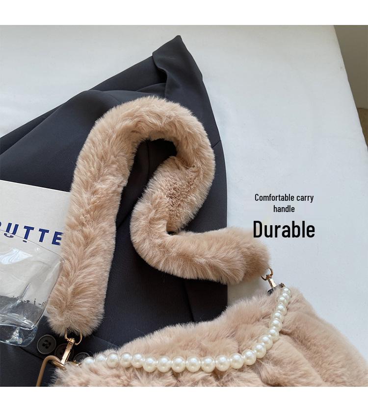 Korean Style Plush Shoulder Bag with Pearl Accents - Cute Autumn/Winter Crossbody