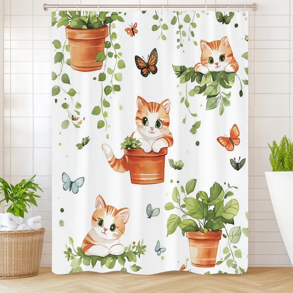 

Flowers And Plants And Cat Cartoon Print Shower Curtain Bathroom Decoration Curtain,Hanging Curtain With Hooks Machine Washable W60H190(CM)-1 Pcs