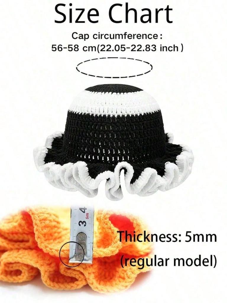 1pc Solid Color Hand-Knitted Crochet Cap, Bohemian Style Pleated Floppy Hat With Ruched Brim