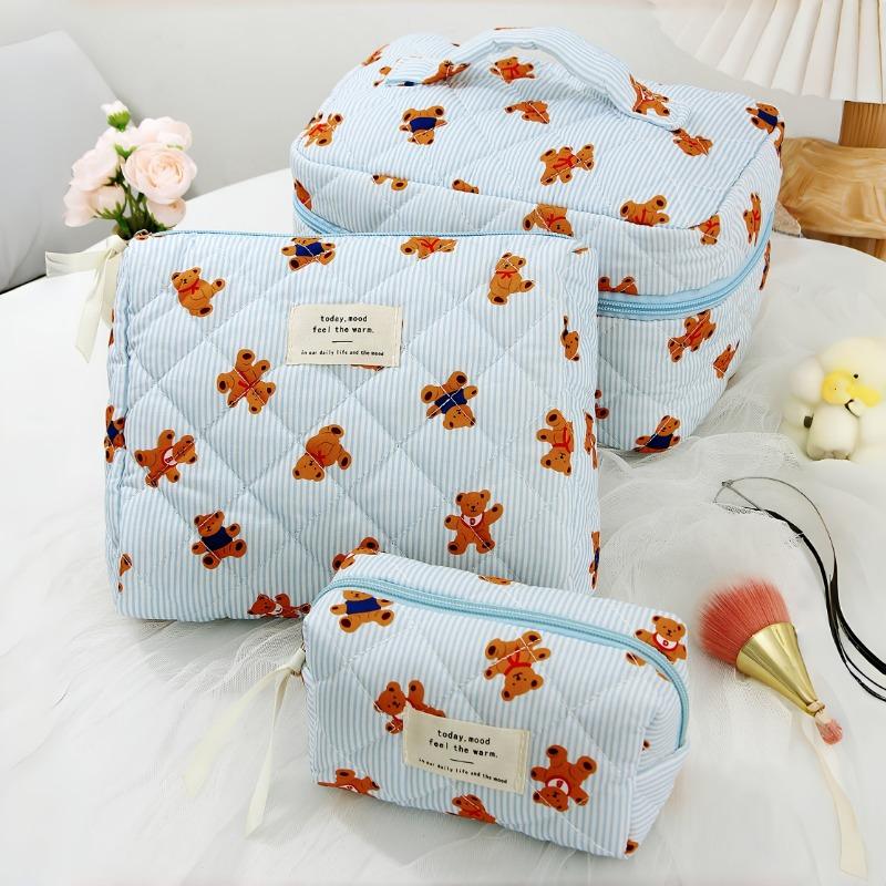 3pcs Cute Pink Bear Cosmetic Bag Large Capacity Makeup Pouch Zipper Multifunctional Travel Bathroom Storage Gift for Women Girls