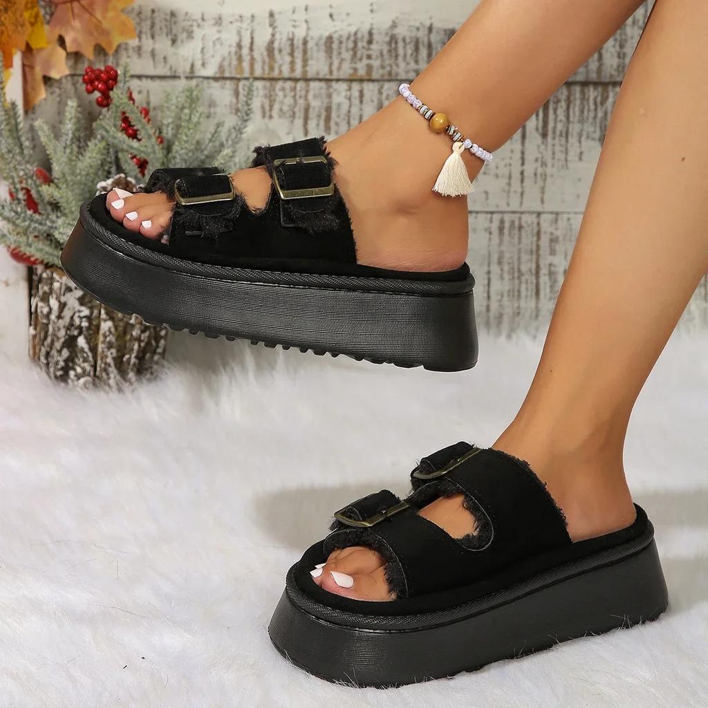 Fur Slippers Women British Style Rome Shoe Comfy Soft Winter Ladies Home Shoe Metal Buckle Casual Slipper Platform Fluffy Slides