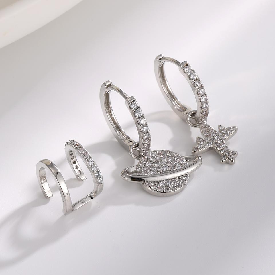 ZAKOL 3Pcs/Set Cute Planet Cross Micro Pave CZ Dangle Hoop Earrings Multiple Piercing Ear Bone Accessories Set for Women