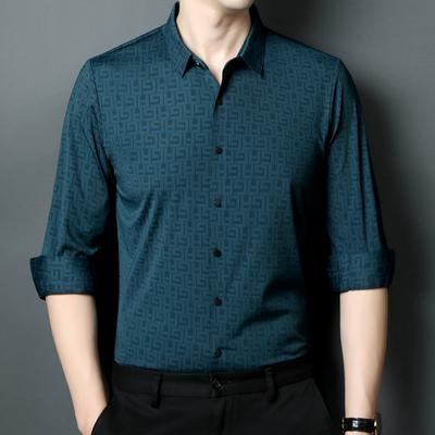 Camisa de manga comprida masculina primavera e outono, nova blusa casual sem costura, camisa estampada para o pai