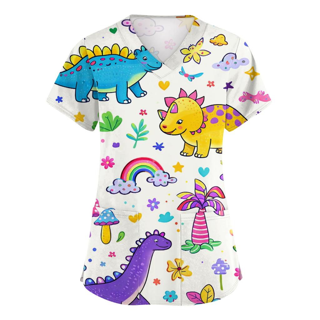 Women's Casual Short-Sleeve Cute Animal Print V-Neck Pocket Workwear Top