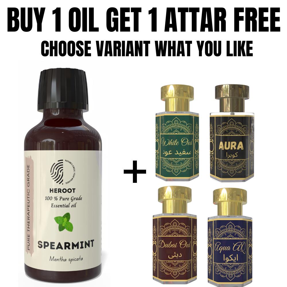 Spearmint Essential Oil 10ml for Aromatherapy & Home Fragrance Get 1 Free 6 Ml Attar – Aqua AQ, Dubai Oud, Aura, White Oud