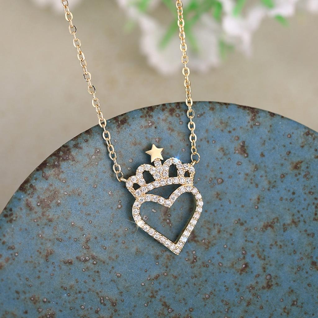 Paved Zircon Crown and Heart Necklace for Women