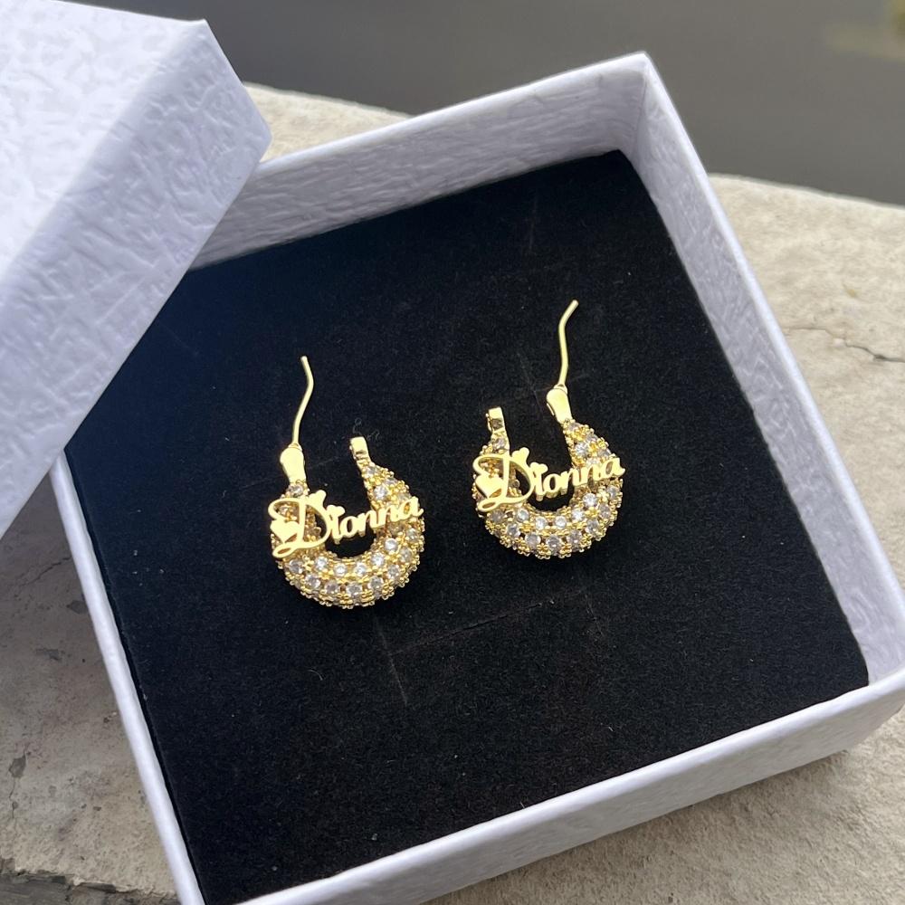 QIUHAN ODM Personalized Ice Out Bling Diamond Earrings 15mm for Kids Custom Name Hoops Earrings