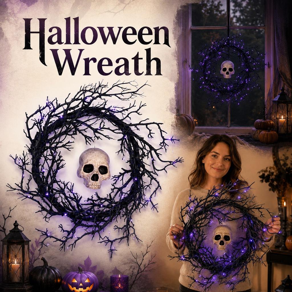 Lighted Halloween Wreath with 50 LED Lights for Porch Outdoor Party Decoration