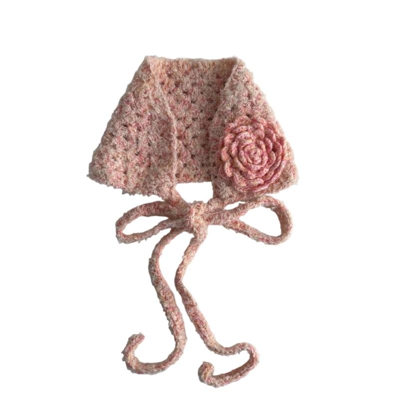Handmade Crochet Flower Head Scarf Triangular Headwrap Bandana Ear Warmer Winter Accessory For Women Girl Outdoor Activity розовый