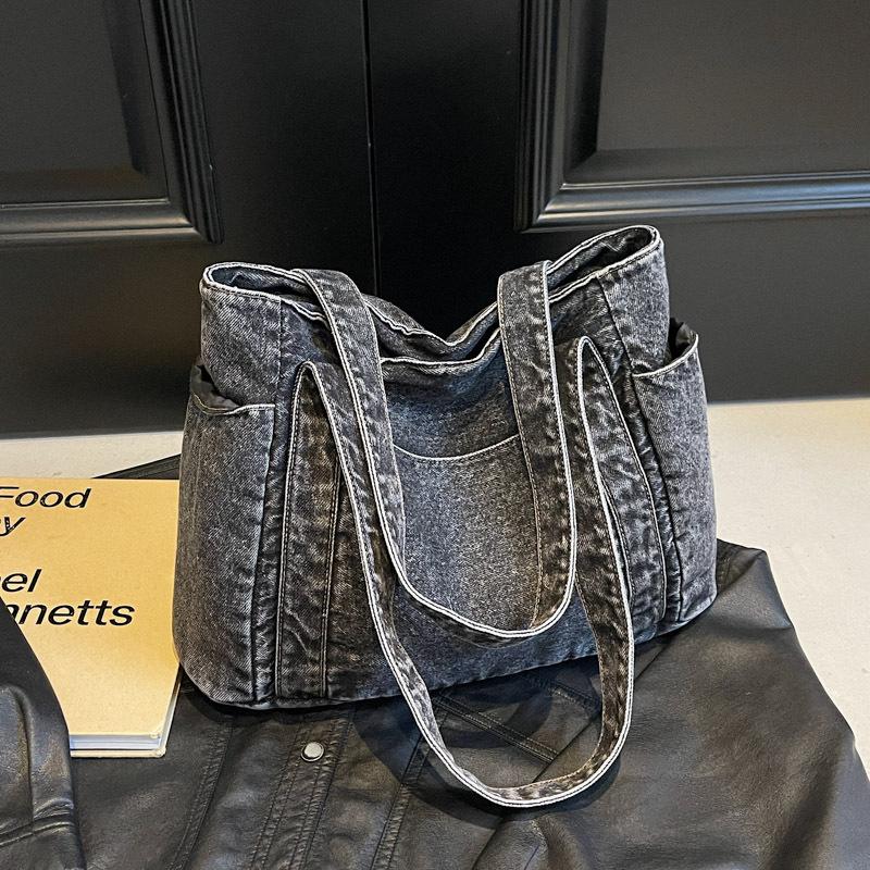 Denim tote bag fashion casual portable shoulder bag large capacity literary commuter bag women