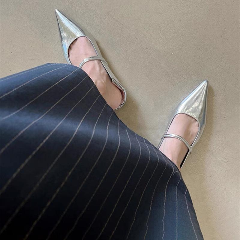 Soft Leather Soft Surface Pointed Silver Light Mouth Single Shoes Women's Flat Bottom Retro Genuine Leather Mary Jane Women's Shoes