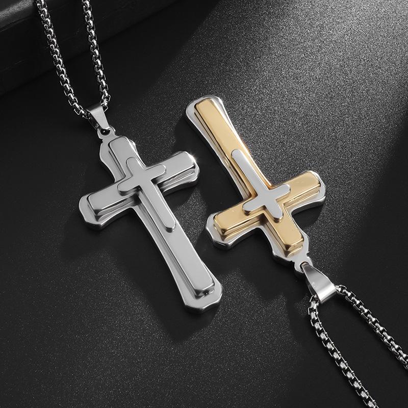 European and American Titanium Steel Mens Cross Necklace Pendant Three Dimensional Three Layer Necklace Decoration