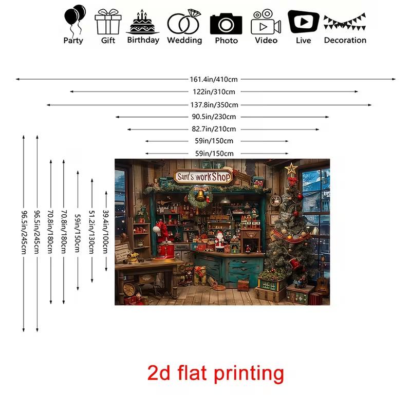 2D Kids Christmas Party Backdrop Cloth Santa's Workshop Themed Wall Hanging