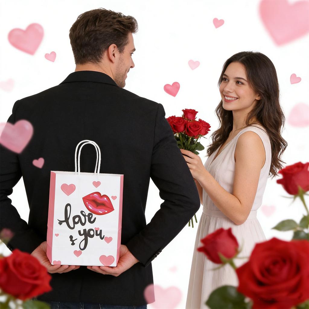 Cute Cartoon Kraft Paper Bag, Valentine's Day Gift Bag, Shopping Packaging Bag, Handbag