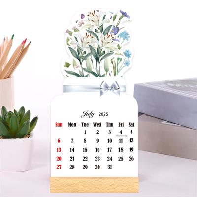 Tischkalender 2025, Kreativer Blumen-Tischkalender mit Holzfuß, Vasenförmiger Neujahrs-Monatskalender-Planer, Stehend zum Umklappen, Dekorativ