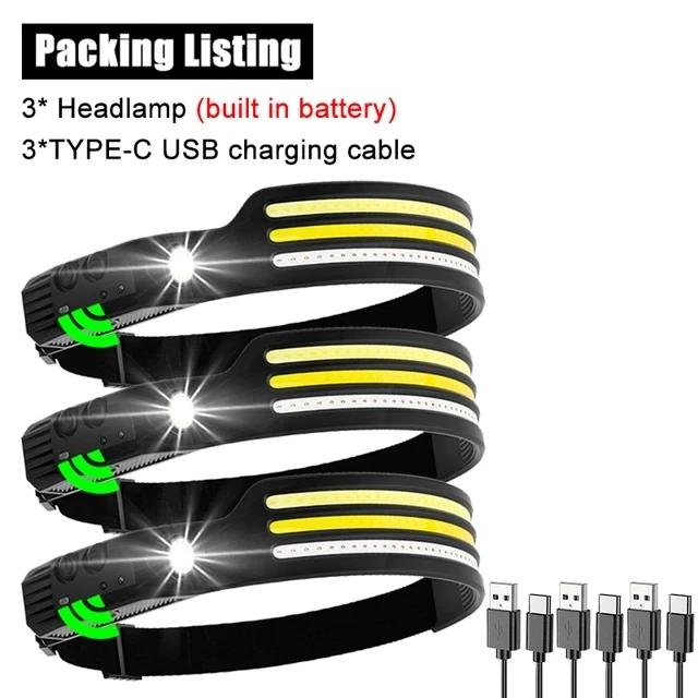 Sensor Headlamp COB LED Head Lamp Flashlight USB Rechargeable Head Torch 5 Lighting Modes Head Light with Built-in Battery