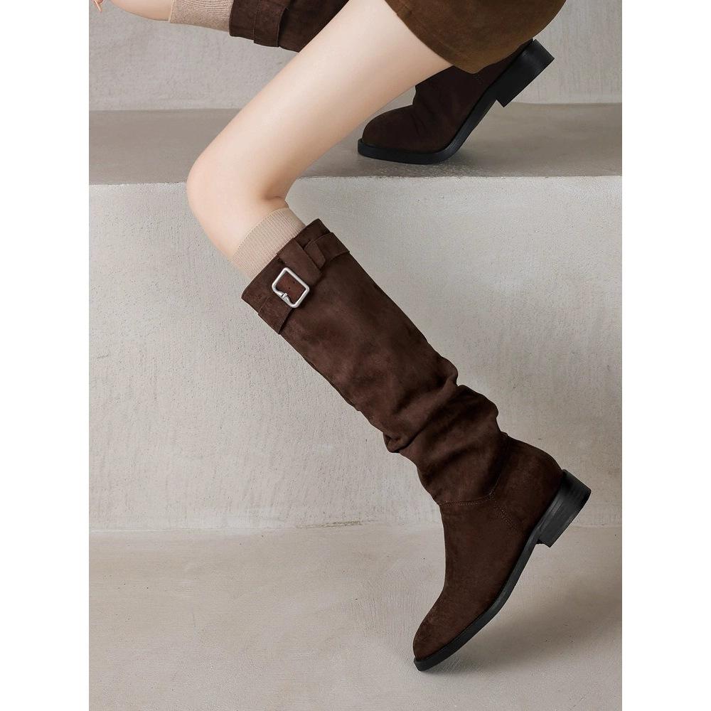 Cowhide version small suede stacking boots long tube new autumn and winter knight boots women's shoes