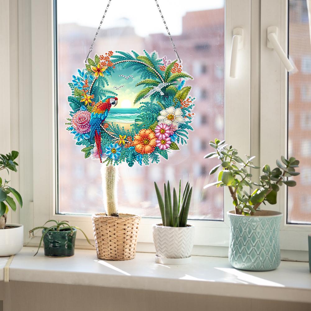 Acrylic Special Shape Sunset Flowers Birds 5D DIY Diamond Painting Dots Pendant Rhinestone Diamond Art Pendants for Wall Window